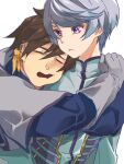  2boys blue_hair brown_hair cheek_squash circlet closed_eyes commentary_request earrings feather_earrings feathers gloves grey_hair hug hug_from_behind jewelry looking_at_another male_focus mikleo_(tales) multiple_boys nezumi_0141 open_mouth purple_eyes short_hair sketch sorey_(tales) swept_bangs tales_of_(series) tales_of_zestiria upper_body white_background white_gloves yaoi 