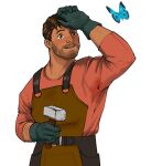  1boy arm_on_own_head bara beard_stubble belt blacksmith blush brown_hair brown_overalls bug butterfly connected_beard coral_island cowboy_shot dark-skinned_male dark_skin facial_hair gloves hammer highres holding holding_hammer is_this_a_pigeon_(meme) male_focus mature_male meme mustache_stubble overalls rafael_(coral_island) shirt short_hair smile solo stubble sweat sweaty_armpits sweaty_clothes t-shirt thick_arm_hair thick_eyebrows thom_sketching white_background 