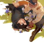  2boys animal_ears black_coat black_footwear black_hair black_pants blue_flower boots brown_jacket chengongzi123 closed_mouth coat collared_coat dark-skinned_male dark_skin facial_hair feet_out_of_frame flower fox_ears fox_tail goatee_stubble golden_kamuy grass green_background hand_up head_rest highres jacket kemonomimi_mode koito_otonoshin long_sleeves lying male_focus military_uniform multiple_boys on_side outdoors pants rabbit_boy rabbit_ears rabbit_tail short_hair sitting sleeping smile stubble tail tsukishima_hajime uniform very_short_hair white_flower 