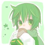  1boy artist_request blush chibi child coat covered_mouth cup dot_nose drinking flower green_background green_coat green_eyes green_hair green_scarf hands_up holding holding_cup looking_to_the_side male_focus nigaito outline scarf short_hair sketch sleeves_past_wrists solo tea teacup third-party_source upper_body very_long_sleeves vocaloid white_outline 