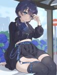  1girl belt black_jacket black_skirt black_thighhighs blue_belt blue_eyes blue_hair bus_stop closed_mouth commentary_request furrowed_brow highres jacket link!_like!_love_live! long_sleeves looking_at_viewer love_live! murano_sayaka nekomarunisei outdoors rain sidelocks sitting skirt solo thighhighs twintails upper_body 