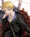  1boy animal animal_on_shoulder armchair black_cat black_jacket black_pants blonde_hair blue_eyes brown_eyes cat chair character_request collared_shirt commentary_request ear_piercing forehead highres jacket kuroneko_to_majo_no_kyoushitsu long_sleeves male_focus natsupa necktie on_chair pants parted_bangs piercing shirt white_shirt window yellow_necktie 