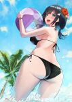  1girl :d absurdres ahoge amano_nene_(vtuber) aqua_eyes ass ball bare_arms bare_shoulders beachball bikini black_bikini black_hair blue_sky blunt_bangs blush breasts cloud cowboy_shot day dutch_angle flower from_behind from_below hair_flower hair_ornament halterneck hands_up highres holding holding_ball holding_beachball large_breasts lens_flare looking_at_viewer looking_back low_twintails medium_hair mmk open_mouth outdoors palm_tree production_kawaii side-tie_bikini_bottom sideboob sideways_glance sky smile solo splashing standing string_bikini swimsuit teeth tree twintails upper_teeth_only virtual_youtuber water water_drop wristband 