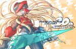  1boy blonde_hair closed_mouth commentary_request dual_wielding energy_sword floating_hair gun helmet highres holding holding_gun holding_sword holding_weapon iikoao long_hair male_focus mega_man_(series) mega_man_zero_(series) red_headwear serious solo standing sword very_long_hair weapon z_saber zero(z)_(mega_man) zero_(mega_man) 