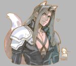  ... 2boys animal_ears armor black_coat blue_eyes chest_strap cloud_strife coat commentary cropped_torso english_commentary final_fantasy final_fantasy_vii final_fantasy_vii_remake fox_boy fox_ears fox_tail grey_background grey_hair heart high_collar highres jitome kemonomimi_mode long_bangs long_hair long_sleeves looking_to_the_side male_focus multiple_boys muscular muscular_male open_clothes open_coat orange_outline parted_bangs partially_colored pauldrons pectoral_cleavage pectorals sephiroth shoulder_armor single_pauldron slit_pupils smile spoken_heart tail tirtyturtle twitter_username upper_body 