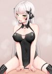  1boy 1girl bangs bar_censor black_dress blush breasts censored collarbone commentary_request covered_nipples cowgirl_position cum cum_in_pussy dress eyebrows_visible_through_hair gager_(girls_frontline) girls_frontline green_eyes grey_hair gwegwe hands_on_another&#039;s_stomach hetero korean_commentary looking_at_viewer open_mouth overflow sex shiny shiny_hair solo_focus spread_legs straddling teeth thigh_strap tongue watermark 