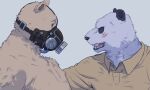 anthro bear beastars bodily_fluids chest_tuft clothed clothing collared_shirt duo fur gas_mask giant_panda gouhin_(beastars) hi_res looking_at_another male male/male mammal mask open_mouth riz_(beastars) saadness sadness_hao scar simple_background sweat teeth tongue topless topless_anthro topless_male tuft