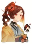  1girl azisai_711415 black_choker brown_hair chibi chiori_(genshin_impact) choker commentary_request drill_hair genshin_impact grey_kimono haori japanese_clothes kimono long_hair looking_at_viewer multiple_views obi orange_eyes ponytail red_sash sash simple_background smile upper_body white_background 