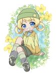  1girl beanie blonde_hair blue_eyes blue_shirt blush chii_(chi_pppuri) floral_background full_body green_headwear green_shorts grin hair_rings hat highres invisible_chair jacket kiratto_pri_chan leg_warmers long_sleeves looking_at_viewer moegi_emo open_mouth pretty_series shirt shoes shorts sitting smile solo star_(symbol) yellow_footwear yellow_jacket 