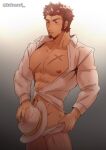  1boy abs bara bare_pectorals blue_eyes blush brown_hair covering_crotch covering_privates cowboy_shot cross_scar facial_hair fate/grand_order fate_(series) goatee hat holding holding_clothes holding_hat kakenari large_pectorals long_sideburns long_sleeves looking_at_viewer male_focus muscular muscular_male napoleon_bonaparte_(fate) napoleon_bonaparte_(ladies_&amp;_gentlemen)_(fate) navel nipples official_alternate_costume open_clothes pectorals scar seductive_smile short_hair sideburns smile solo standing thick_eyebrows 