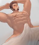  1boy abs arms_up bara blue_eyes blush brown_hair chest erection erection_under_clothes facial_hair fate/grand_order fate_(series) goatee highres looking_at_viewer male_focus muscle napoleon_bonaparte_(fate/grand_order) nipples nude pectorals scar sideburns smile solo xianyusamuel 