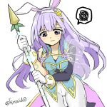  1girl alternate_costume animal_ears circlet fire_emblem fire_emblem:_genealogy_of_the_holy_war fire_emblem_heroes holding holding_weapon julia_(fire_emblem) long_hair playboy_bunny purple_eyes purple_hair rabbit_ears simple_background solo weapon yukia_(firstaid0) 