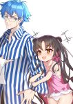  1boy 1girl :d age_difference arm_grab bangs bare_shoulders black_hair blue_eyes blue_hair character_request child collarbone collared_shirt colored_inner_hair commentary_request double_bun fate/grand_order fate_(series) frilled_swimsuit frills glasses highres holding holding_towel long_hair long_sleeves looking_at_another multicolored_hair open_mouth parted_lips pink_hair pink_swimsuit red_ribbon ribbon sesshouin_kiara_(swimsuit_mooncancer)_(fate) shirt short_hair simple_background smile strap_slip striped striped_shirt swimsuit towel two-tone_hair white_background wing_collar yellow_eyes yuruto 