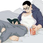  1boy barefoot bed_sheet bespectacled black_hair blue_jacket book can chengongzi123 closed_mouth coca-cola drink_can facial_hair foot_out_of_frame glasses goatee_stubble golden_kamuy green_eyes grey_pants hand_up holding holding_book jacket male_focus midriff_peek nipple_slip nipples pants pillow reading scar scar_on_stomach short_hair simple_background sitting soda_can stubble tank_top tsukishima_hajime very_short_hair white_background white_tank_top 