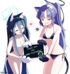  2girls absurdres alternate_costume animal_costume animal_ears aris_(blue_archive) bikini blue_archive blush breasts cat_costume cat_ears cleavage closed_eyes doodle_sensei_(blue_archive) drawing_(object) english_text halo happy highres multiple_girls murasame_(sword_of_nmkr) sensei_(blue_archive) small_breasts swimsuit yuuka_(blue_archive) 