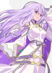  1girl absurdres arm_up book cape circlet dress fire_emblem fire_emblem:_genealogy_of_the_holy_war grin highres holding holding_book jewelry julia_(fire_emblem) long_hair looking_at_viewer purple_cape purple_eyes purple_hair simple_background smile solo tokucho3130599 wide_sleeves 