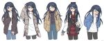  1girl :d bag black_hair black_jacket black_pantyhose blue_eyes blue_jacket blue_pants blush brown_cardigan brown_shirt cable_knit cardigan closed_mouth cocov collarbone collared_jacket collared_shirt cropped_legs denim dot_nose down_jacket drawstring facing_viewer fanny_pack grey_jacket hair_between_eyes hand_in_own_hair hand_on_own_head high-waist_pants highres hood hood_down hoodie hoshino_ichika_(project_sekai) instrument_case instrument_on_back jacket jeans leaning_forward letterman_jacket long_hair long_sleeves looking_at_viewer multiple_views open_cardigan open_clothes open_jacket open_mouth pants pantyhose plaid plaid_shirt project_sekai red_shirt shirt shoulder_bag sidelocks simple_background smile straight_hair striped_clothes striped_jacket striped_shirt variations white_background white_hoodie white_shirt yellow_jacket zipper 