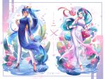  2girls aqua_eyes aqua_hair bag blue_hair comt216 falling_petals fate/grand_order fate_(series) flower high_heels highres long_hair lotus lotus_leaf multiple_girls pants petals pokemon school_bag trung_nhi_(fate) trung_trac_(fate) vietnamese_clothes vietnamese_dress wading walking walking_on_liquid water white_pants 