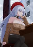  1girl azur_lane bare_shoulders belfast_(azur_lane) belfast_(shopping_with_the_head_maid)_(azur_lane) beret black_choker black_pantyhose blue_eyes breasts brown_sweater choker cleavage commentary_request hand_up hat highres large_breasts lemon_kele long_hair long_sleeves off-shoulder_sweater off_shoulder pantyhose red_headwear sitting smile solo sweater very_long_hair white_hair 