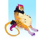 absurd_res anthro belly big_belly black_hair claws cmitchell felid hair hi_res lion long_tail male mammal orange_body orange_skin pantherine pink_hair purple_eyes solo spots tail vore
