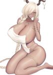  1girl areola_slip asymmetrical_bangs azur_lane blonde_hair braid breasts brown_horns cleavage commentary_request dark-skinned_female dark_areolae dark_skin gigantic_breasts gold hair_over_one_eye highres horns large_horns long_hair looking_at_viewer low_twin_braids mole mole_under_mouth official_alternate_costume one-piece_swimsuit organ3432 owari_(azur_lane) owari_(shimmering_forsythia)_(azur_lane) smile solo swimsuit twin_braids very_long_hair white_one-piece_swimsuit yellow_eyes 