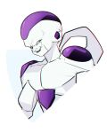 1boy alien armor body_modification colored_skin cropped_torso dragon_ball dragon_ball_z evil_smile frieza highres liyamou looking_at_viewer male_focus no_eyebrows pauldrons pectorals shoulder_armor sideways_glance smile solo tail_raised toned toned_male white_background white_skin 