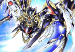  eiji_(tfkn2723) flying fusion glowing glowing_eye gun gundam gundam_seed gundam_seed_destiny gundam_wing gundam_wing_endless_waltz highres holding holding_gun holding_weapon looking_up mecha mechanical_wings no_humans solo strike_freedom_gundam v-fin weapon wing_gundam_zero_custom wings yellow_eyes 