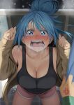  1girl anger_vein aqua_(konosuba) black_tank_top blue_eyes blue_hair blush breasts breath brown_jacket cleavage clenched_hands commentary_request dolphin_shorts hair_bun highres izawa_(bhive003) jacket kono_subarashii_sekai_ni_shukufuku_wo! large_breasts long_sleeves looking_at_viewer open_clothes open_jacket open_mouth paid_reward_available pink_shorts pov pov_hands runny_nose satou_kazuma short_shorts shorts shouting single_hair_bun sleeves_past_wrists snot snowing solo_focus tank_top tearing_up teeth tongue v-shaped_eyebrows wavy_mouth wide-eyed 