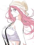  commentary crop_top floating_hair hat highres jewelry_bonney long_hair looking_at_viewer looking_back needbee_r one_piece pink_hair purple_eyes simple_background strapless suspenders tube_top upper_body white_background 