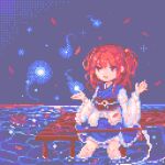  1girl blue_dress bridge commentary_request dress flower ghost hair_bobbles hair_ornament highres looking_at_viewer medium_hair obi onozuka_komachi open_mouth outdoors pii_614 pixel_art red_eyes red_hair sash scythe sitting solo spider_lily touhou two_side_up wading 