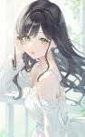  1girl adjusting_hair bare_shoulders black_hair blush bracelet day dress earrings green_eyes highres jewelry kinako_(shiratama_mochi) long_hair looking_at_viewer off-shoulder_dress off_shoulder original outdoors parted_lips railing ring solo sunlight upper_body white_dress 