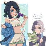  ... 1boy 1girl amethio_(pokemon) black_hair blue_eyes blue_jacket blush collarbone commentary_request cowlick eyelashes food holding holding_pokemon jacket liko_(pokemon) midriff multicolored_hair navel nm222 pokemon pokemon_(anime) pokemon_(creature) pokemon_horizons popsicle short_ponytail spoken_ellipsis sprigatito swept_bangs swimsuit tongue tongue_out two-tone_hair zipper_pull_tab 