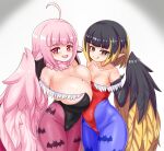  2girls ahoge animal_print bare_shoulders bat_print black_eyes black_feathers black_hair black_leotard black_wings blonde_hair blue_pantyhose blush breast_press breasts bright_pupils cleavage commentary commission cosplay english_commentary fang feathered_wings feathers flat_chest harpy heart highleg highleg_leotard highres huge_breasts jubjub_(monster_girl_encyclopedia) leotard licking_lips long_hair looking_at_viewer monster_girl morrigan_aensland morrigan_aensland_(cosplay) multicolored_hair multiple_girls nav_(itsnav) open_mouth original pantyhose pink_feathers pink_hair pink_lips pink_pantyhose pink_wings pointy_ears red_eyes red_leotard shortstack thunderbird_(monster_girl_encyclopedia) tongue tongue_out two-tone_hair two-tone_wings white_background white_pupils winged_arms wings yellow_feathers yellow_wings 