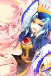  1boy 1girl blue_eyes blue_hair commentary_request facial_hair hood jewelry kumoi_ichirin kutsuki_kai long_sleeves looking_at_viewer medium_hair mustache one-hour_drawing_challenge open_mouth parted_bangs ring touhou unzan 