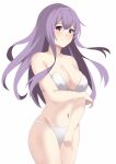  1girl blush breasts cleavage fire_emblem fire_emblem:_genealogy_of_the_holy_war highres julia_(fire_emblem) large_breasts long_hair looking_at_viewer miya_star_saa purple_eyes purple_hair simple_background solo underwear underwear_only 