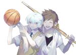  2boys absurdres arm_around_shoulder ball basketball_(object) bead_bracelet beads blush bracelet brown_hair closed_eyes collared_shirt commentary_request earrings feather_earrings feathers gradient_background grey_hair happy highres jewelry looking_at_another male_focus mikleo_(tales) multiple_boys necktie open_mouth pale_skin partially_unbuttoned purple_eyes school_uniform shinai shirt short_hair sketch smile sorey_(tales) sweater_vest swept_bangs sword tales_of_(series) tales_of_zestiria upper_body v1oletw1steria weapon white_background white_shirt 