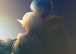  1boy 1girl blue_hair cape capelet chamwa commentary dawn earrings elf english_commentary frieren himmel_(sousou_no_frieren) horizon jewelry light_particles long_hair pointy_ears short_hair sousou_no_frieren sunrise twintails upper_body white_cape white_capelet white_hair 