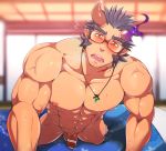  1boy abs bar_censor bara bulge censored chest dark_blue_hair facial_hair fang foreshortening highres horns jewelry kuro_(shiranui) looking_at_viewer male_focus muscle necklace nipples nude pectorals penis pov scar short_hair simple_background solo takemaru_(tokyo_houkago_summoners) thick_eyebrows thighs tokyo_houkago_summoners upper_body 