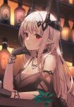  1girl alcohol arknights bar_(place) bare_shoulders black_choker black_dress black_gloves blush breasts choker cleavage closed_mouth dress drink earrings from_side frown gloves hand_on_own_chin head_rest horns jewelry large_breasts liquor long_hair looking_at_viewer mudrock_(arknights) mudrock_(obsidian)_(arknights) pointy_ears red_eyes shan_(ti0n) sidelocks sleeveless sleeveless_dress solo upper_body white_hair 