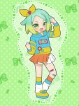  1girl :d arm_up bandaid bandaid_on_leg blue_hoodie blush bow chii_(chi_pppuri) commentary_request full_body gradient_hair green_background green_bow green_eyes green_hair hair_bow hand_up highres hood hood_down hoodie idol_time_pripara leg_warmers long_sleeves looking_at_viewer multicolored_hair nijiiro_nino open_mouth orange_skirt pretty_series pripara shoes short_hair skirt smile solo standing starry_background swept_bangs yellow_bow yellow_footwear 