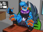 4_toes 5_fingers absurd_res agent_3_(splatoon_3) anthro bean_bag belt_buckle black_clothing blue_body blue_fur blurred_background bottomwear canid canine canis claws clothing countershading damaged_clothing exposed_belly feet feet_on_desk feet_on_table fin fingers food foot_focus foot_wraps fruit fur furniture generation_3_pokemon hand_wraps handpaw head_tuft hi_res hybrid male mammal neckband neckwear nintendo orange_body orange_eyes orange_gills orange_nose orange_pawpads orange_scales pawpads paws persim_berry plant pokemon pokemon_(species) pokemon_berry randytheartdog scales shirt sitting solo splatoon splatoon_3 swampert table tail tail_fin tank_top toe_claws toes topwear torn_clothing tuft white_body white_countershading wolf wraps xevy