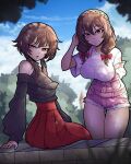  2girls absurdres alternate_costume black_sweater blue_sky blurry blurry_background bow braid breasts brown_hair castle commentary english_commentary forest hair_bow hand_up high-waist_skirt highres kluverdesigns kono_subarashii_sekai_ni_shukufuku_wo! large_breasts long_hair looking_at_viewer megumin multiple_girls nature off-shoulder_sweater off_shoulder outdoors overalls parted_lips pink_overalls red_eyes red_skirt shirt short_hair_with_long_locks short_sleeves sitting skirt sky strap_slip sweater thigh_gap thighs v-shaped_eyebrows white_shirt yunyun_(konosuba) 