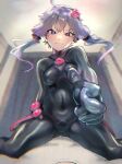  1girl ahoge asumo_arare bodysuit breasts commentary_request covered_navel frown hair_ornament highres latex latex_bodysuit long_hair medium_breasts pointing pointing_at_viewer pov purple_eyes purple_hair shiny_clothes skin_tight solo straddling voiceroid yuzuki_yukari 