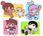  :&lt; absurdres aubrey_(faraway)_(omori) aubrey_(omori) baseball_bat basketball black_hair blue_eyes border brown_hair chibi dog first_aid_kit full_body hero_(faraway)_(omori) hero_(omori) highres holding holding_baseball_bat kel_(faraway)_(omori) kel_(omori) knife long_hair moti_(m0cch1m0) omori omori_(omori) open_mouth pink_hair rounded_corners short_hair signature wavy_mouth 