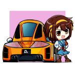  1girl absurdres armband black_socks blue_skirt bow brown_eyes brown_footwear brown_hair car chrysler chrysler_me_four-twelve duz hair_bow hairband head_tilt highres looking_at_viewer motor_vehicle orange_bow orange_hairband sailor_collar shirt skirt smile socks solo sports_car suzumiya_haruhi suzumiya_haruhi_no_yuuutsu v-shaped_eyebrows vehicle_focus white_shirt 