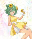  assault_lily bare_shoulders dress flower flower-shaped_hair gloves green_eyes grey_hair halu14119801 holding holding_microphone microphone one_eye_closed open_mouth short_hair smile thigh_strap vietnamese_clothes vietnamese_dress white_gloves yellow_dress yellow_flower yoshimura_thi_mai 