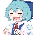  1girl absurdres aqua_hair blue_bow blue_dress blue_hair blush bow cirno closed_eyes collared_shirt crying dress fang hair_between_eyes hair_bow hair_ribbon hands_up hashtag_only_commentary highres ice ice_wings kame_(kamepan44231) neck_ribbon open_mouth puffy_sleeves red_ribbon ribbon shirt short_hair short_sleeves simple_background skin_fang sleeveless sleeveless_dress solo tearing_up tears touhou upper_body white_background white_shirt wings 