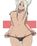  1girl afuroda animal_ears bangs black_panties boku_no_hero_academia breasts bunny_ears dark_skin large_breasts long_hair looking_at_viewer mirko navel panties panty_pull parted_bangs rabbit_girl red_eyes shirt simple_background solo underboob underwear white_hair white_shirt 