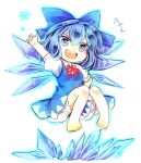  1girl blue_bow blue_dress blue_hair blush bow chibi cirno commentary_request dress full_body hair_bow ice kutsuki_kai one-hour_drawing_challenge open_mouth short_hair short_sleeves simple_background snowflakes solo teeth touhou upper_teeth_only white_background 