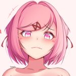  1girl artist_name bare_shoulders blush blush_stickers bob_cut close-up closed_mouth collarbone doki_doki_literature_club fang hair_ornament hair_ribbon heart kanarin6 light_frown looking_at_viewer loose_hair_strand motion_lines natsuki_(doki_doki_literature_club) nude pink_eyes pink_hair portrait raised_eyebrows red_ribbon ribbon short_hair signature simple_background solo swept_bangs two_side_up white_background x_hair_ornament 